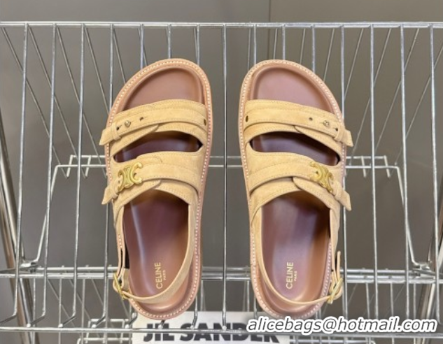 Stylish Celine Tippi Triomphe Flat Sandals in Suede Beige 0709070