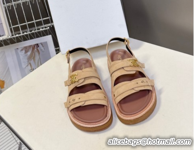 Stylish Celine Tippi Triomphe Flat Sandals in Suede Beige 0709070