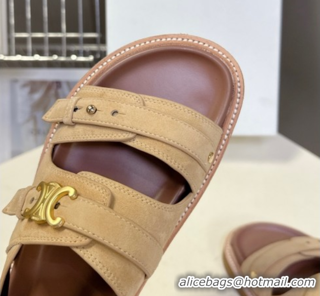 Stylish Celine Tippi Triomphe Flat Sandals in Suede Beige 0709070