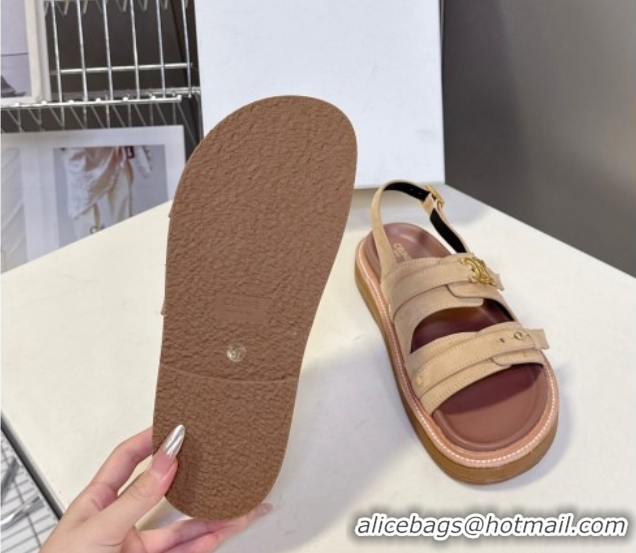 Stylish Celine Tippi Triomphe Flat Sandals in Suede Beige 0709070