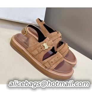 Most Popular Celine Tippi Triomphe Flat Sandals in Suede Brown 0709072