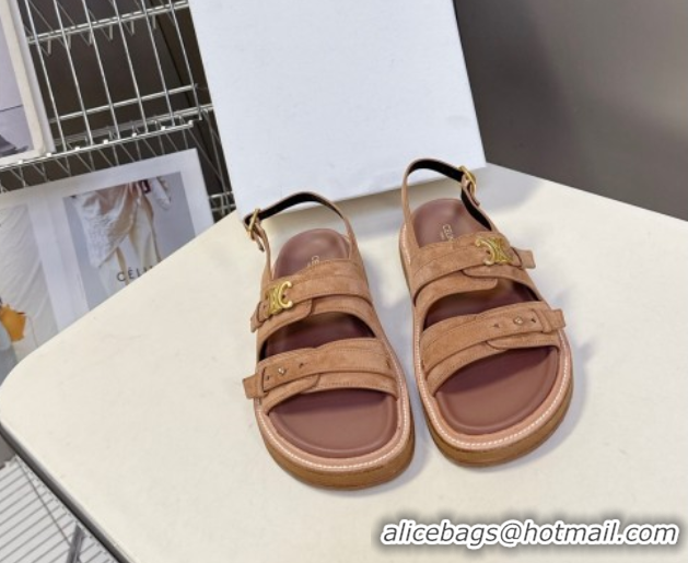 Most Popular Celine Tippi Triomphe Flat Sandals in Suede Brown 0709072
