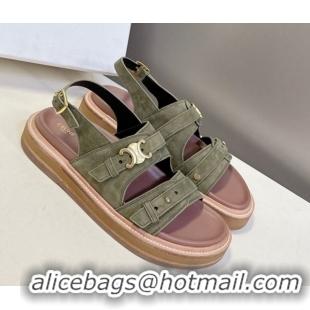 Pretty Style Celine Tippi Triomphe Flat Sandals in Suede Green 0709073