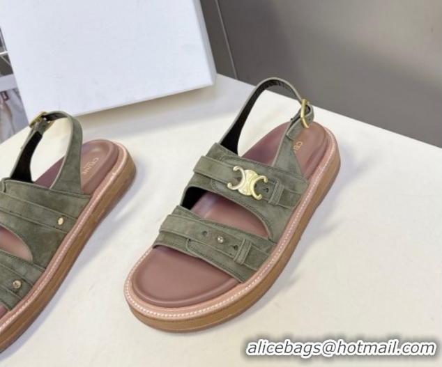 Pretty Style Celine Tippi Triomphe Flat Sandals in Suede Green 0709073