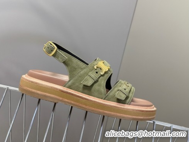 Pretty Style Celine Tippi Triomphe Flat Sandals in Suede Green 0709073