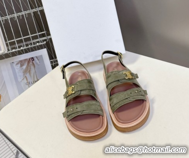Pretty Style Celine Tippi Triomphe Flat Sandals in Suede Green 0709073