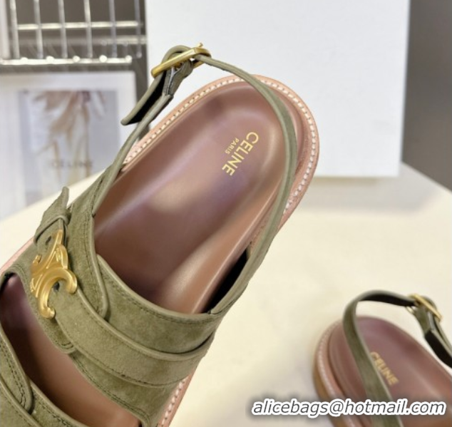 Pretty Style Celine Tippi Triomphe Flat Sandals in Suede Green 0709073