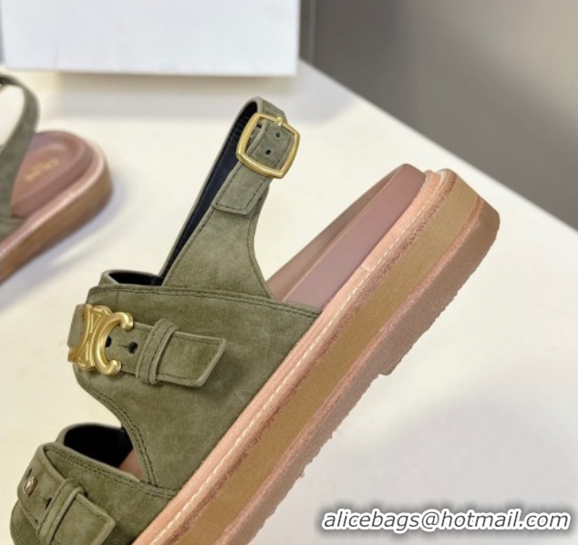Pretty Style Celine Tippi Triomphe Flat Sandals in Suede Green 0709073