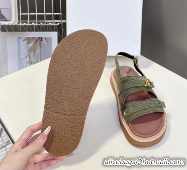 Pretty Style Celine Tippi Triomphe Flat Sandals in Suede Green 0709073