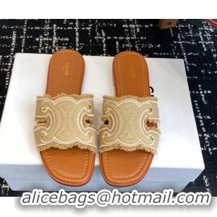 Best Product Celine Marina Fringed Flat Slides Sandal in Cotton Canvas Beige 0709074