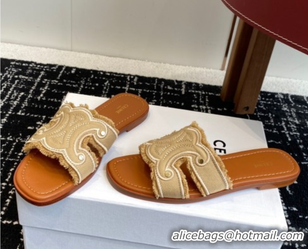 Best Product Celine Marina Fringed Flat Slides Sandal in Cotton Canvas Beige 0709074