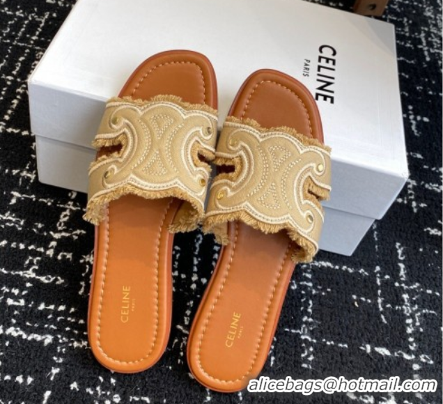 Best Product Celine Marina Fringed Flat Slides Sandal in Cotton Canvas Beige 0709074