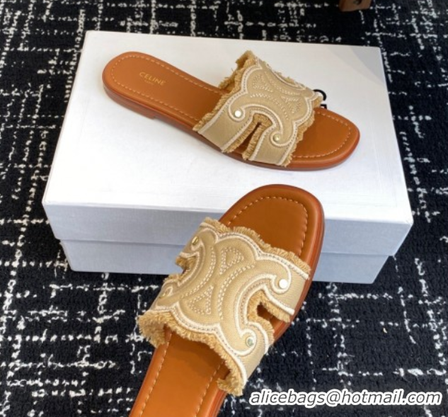 Best Product Celine Marina Fringed Flat Slides Sandal in Cotton Canvas Beige 0709074