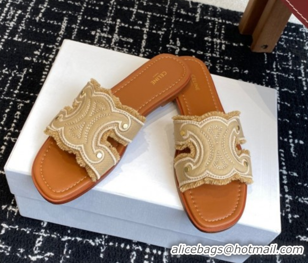 Best Product Celine Marina Fringed Flat Slides Sandal in Cotton Canvas Beige 0709074