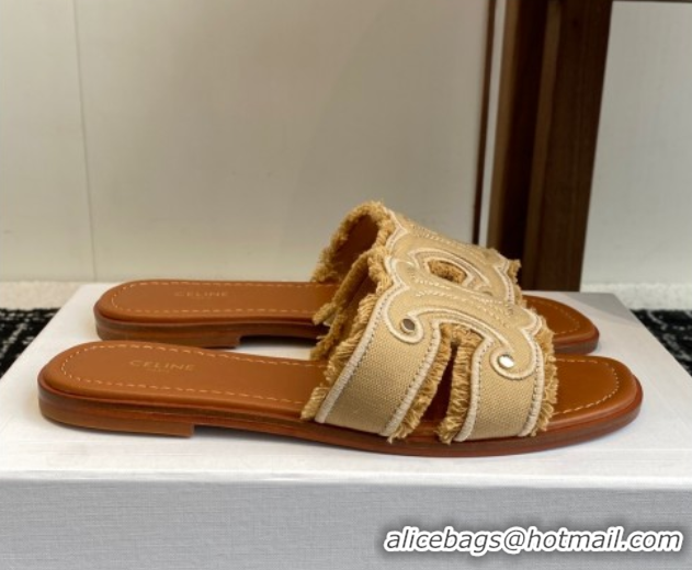 Best Product Celine Marina Fringed Flat Slides Sandal in Cotton Canvas Beige 0709074