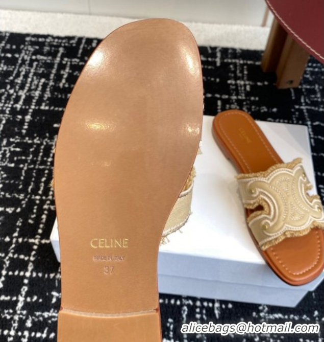 Best Product Celine Marina Fringed Flat Slides Sandal in Cotton Canvas Beige 0709074