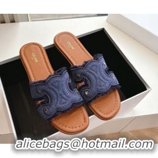 Classic Hot Celine Marina Fringed Flat Slides Sandal in Blue Denim 0428120