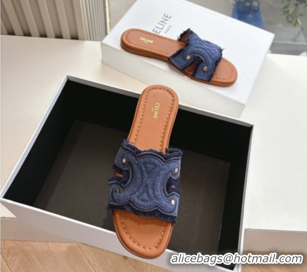 Classic Hot Celine Marina Fringed Flat Slides Sandal in Blue Denim 0428120