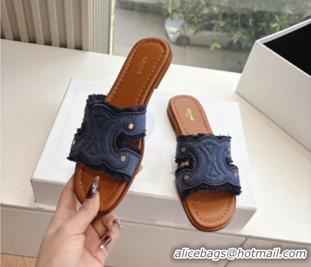 Classic Hot Celine Marina Fringed Flat Slides Sandal in Blue Denim 0428120