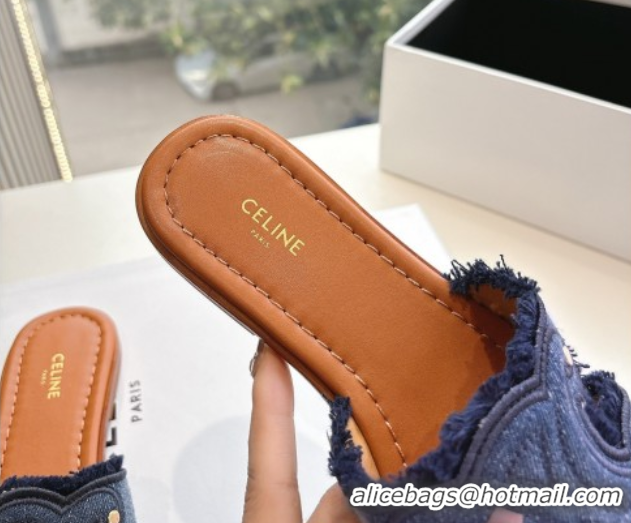 Classic Hot Celine Marina Fringed Flat Slides Sandal in Blue Denim 0428120