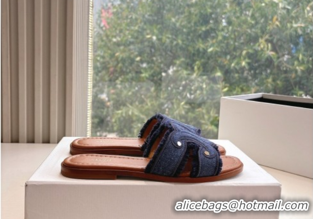 Classic Hot Celine Marina Fringed Flat Slides Sandal in Blue Denim 0428120