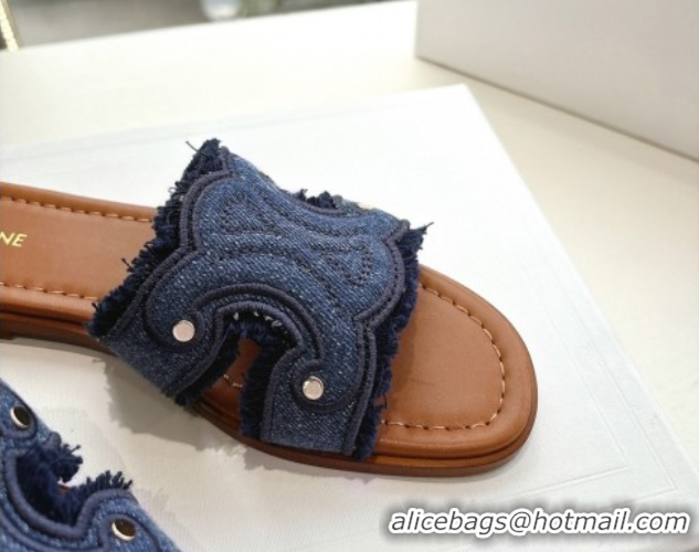 Classic Hot Celine Marina Fringed Flat Slides Sandal in Blue Denim 0428120