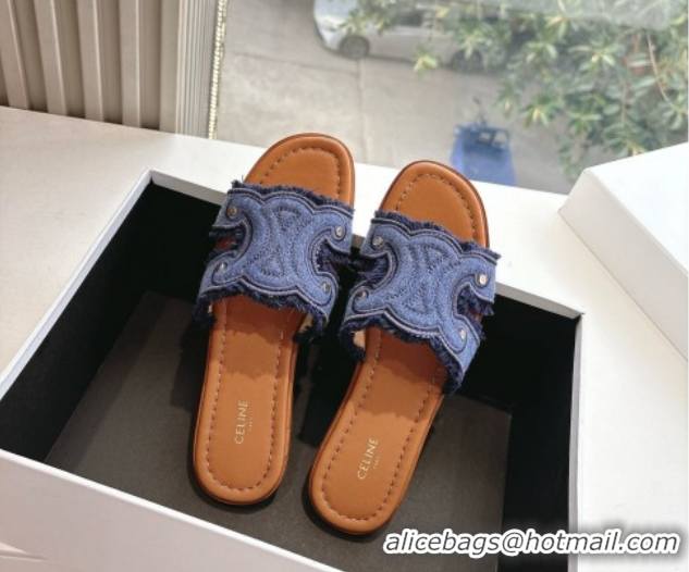 Classic Hot Celine Marina Fringed Flat Slides Sandal in Blue Denim 0428120