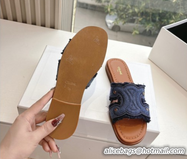 Classic Hot Celine Marina Fringed Flat Slides Sandal in Blue Denim 0428120