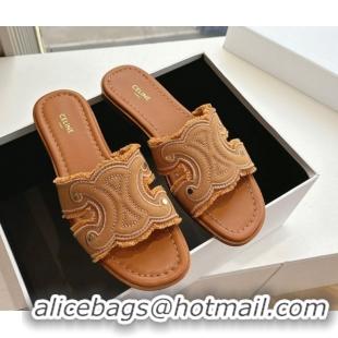 Good Quality Celine Marina Fringed Flat Slides Sandal in Cotton Canvas Brown 0428119