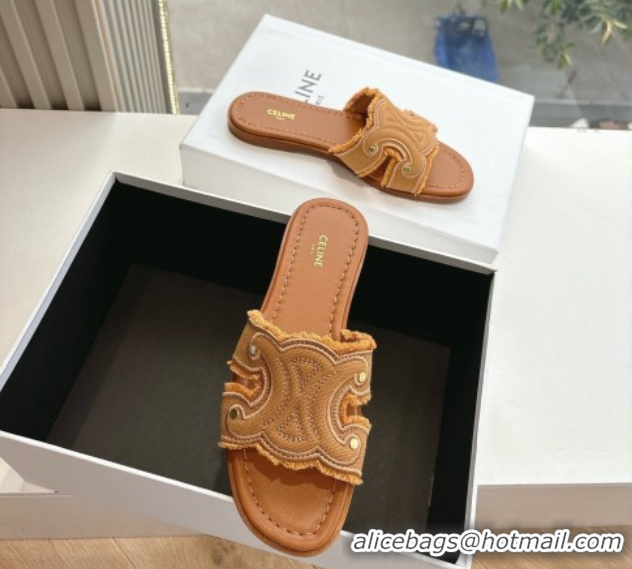 Good Quality Celine Marina Fringed Flat Slides Sandal in Cotton Canvas Brown 0428119