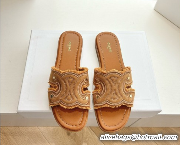 Good Quality Celine Marina Fringed Flat Slides Sandal in Cotton Canvas Brown 0428119