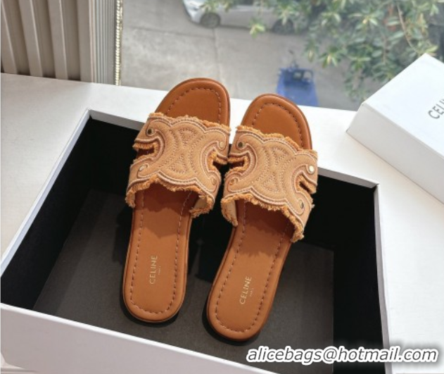 Good Quality Celine Marina Fringed Flat Slides Sandal in Cotton Canvas Brown 0428119