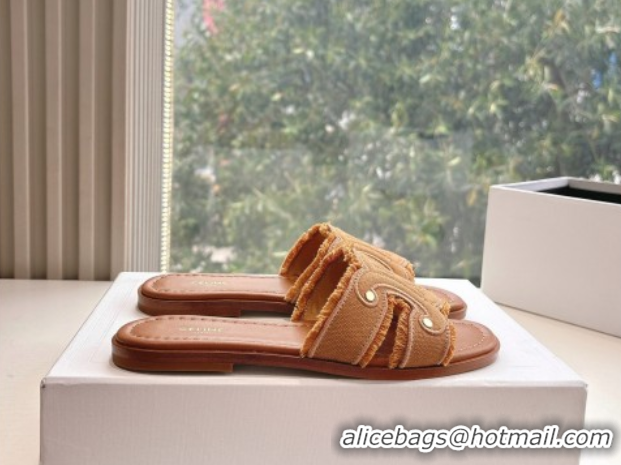 Good Quality Celine Marina Fringed Flat Slides Sandal in Cotton Canvas Brown 0428119