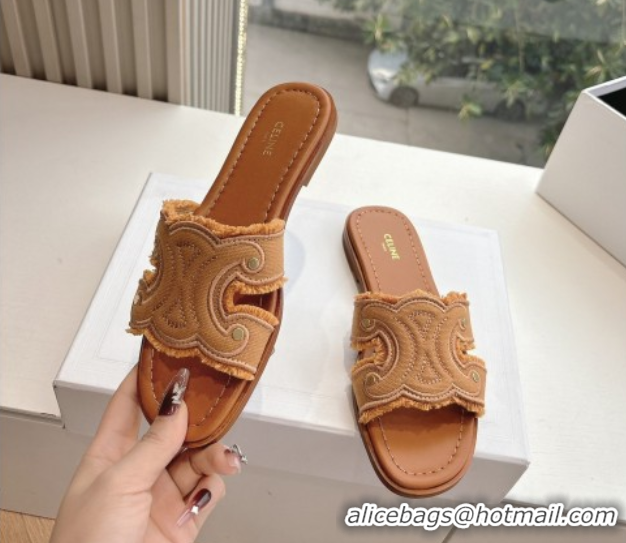 Good Quality Celine Marina Fringed Flat Slides Sandal in Cotton Canvas Brown 0428119