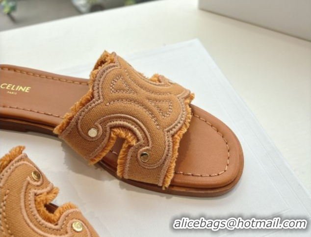 Good Quality Celine Marina Fringed Flat Slides Sandal in Cotton Canvas Brown 0428119