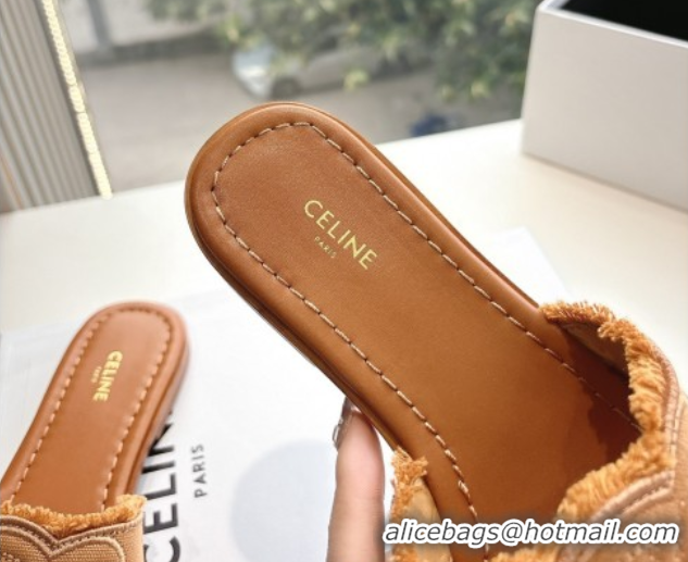 Good Quality Celine Marina Fringed Flat Slides Sandal in Cotton Canvas Brown 0428119