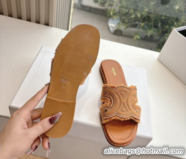 Good Quality Celine Marina Fringed Flat Slides Sandal in Cotton Canvas Brown 0428119