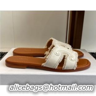 Low Price Celine Marina Fringed Flat Slides Sandal in Cotton Canvas White 0709075