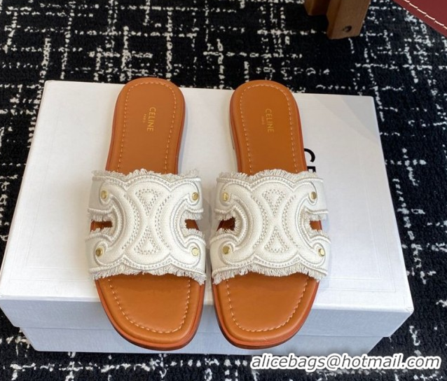 Low Price Celine Marina Fringed Flat Slides Sandal in Cotton Canvas White 0709075