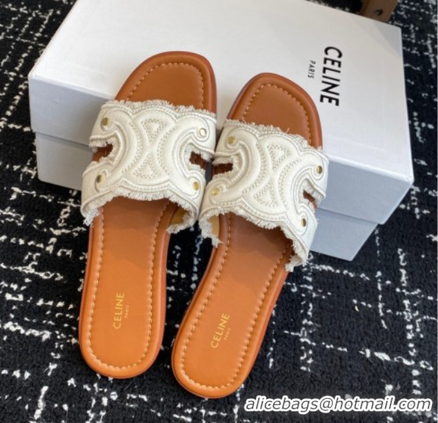 Low Price Celine Marina Fringed Flat Slides Sandal in Cotton Canvas White 0709075