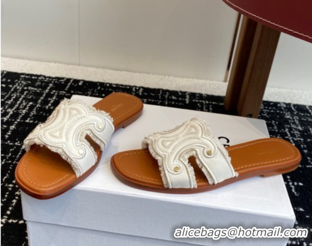 Low Price Celine Marina Fringed Flat Slides Sandal in Cotton Canvas White 0709075