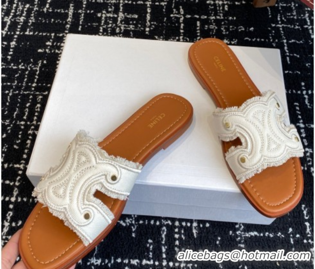 Low Price Celine Marina Fringed Flat Slides Sandal in Cotton Canvas White 0709075