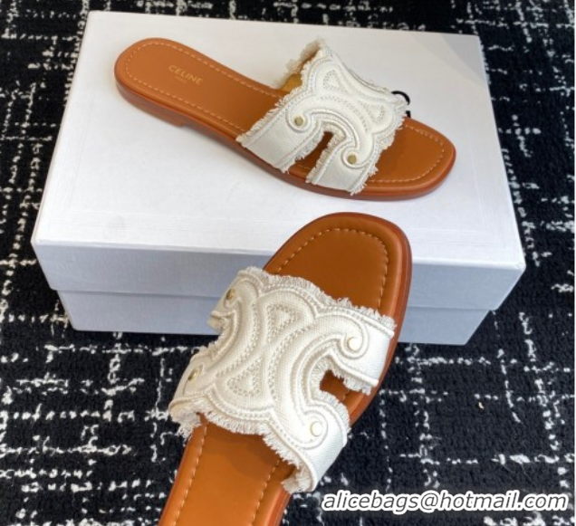 Low Price Celine Marina Fringed Flat Slides Sandal in Cotton Canvas White 0709075