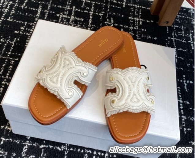 Low Price Celine Marina Fringed Flat Slides Sandal in Cotton Canvas White 0709075