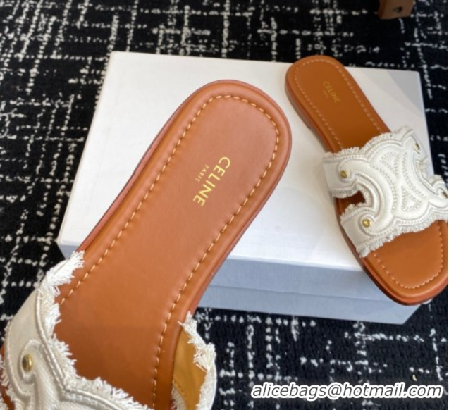 Low Price Celine Marina Fringed Flat Slides Sandal in Cotton Canvas White 0709075