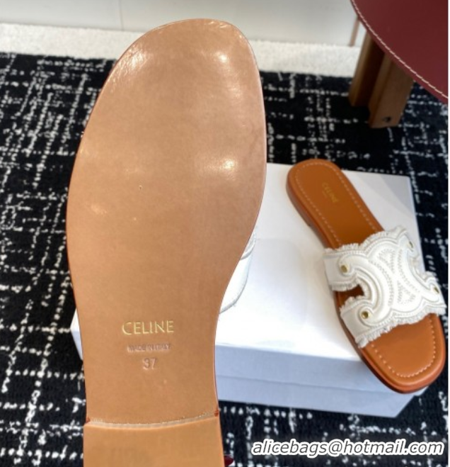 Low Price Celine Marina Fringed Flat Slides Sandal in Cotton Canvas White 0709075