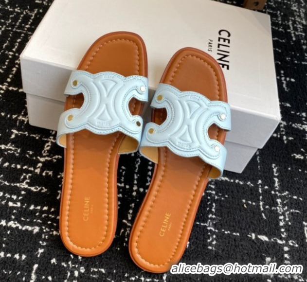 Purchase Celine Marina Flat Slides Sandal in Calfskin Leather Light Blue 0709076