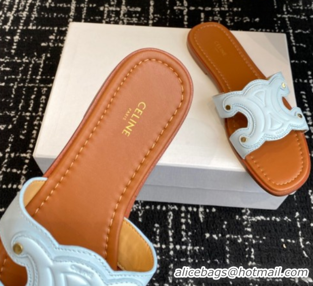 Purchase Celine Marina Flat Slides Sandal in Calfskin Leather Light Blue 0709076
