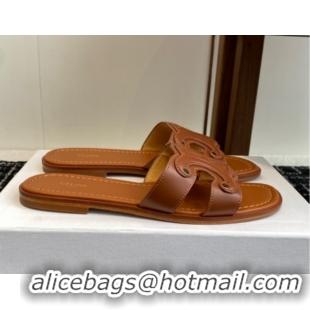 Best Price Celine Marina Flat Slides Sandal in Calfskin Leather Brown 0709078