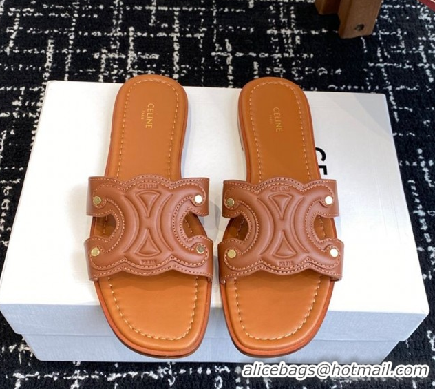 Best Price Celine Marina Flat Slides Sandal in Calfskin Leather Brown 0709078